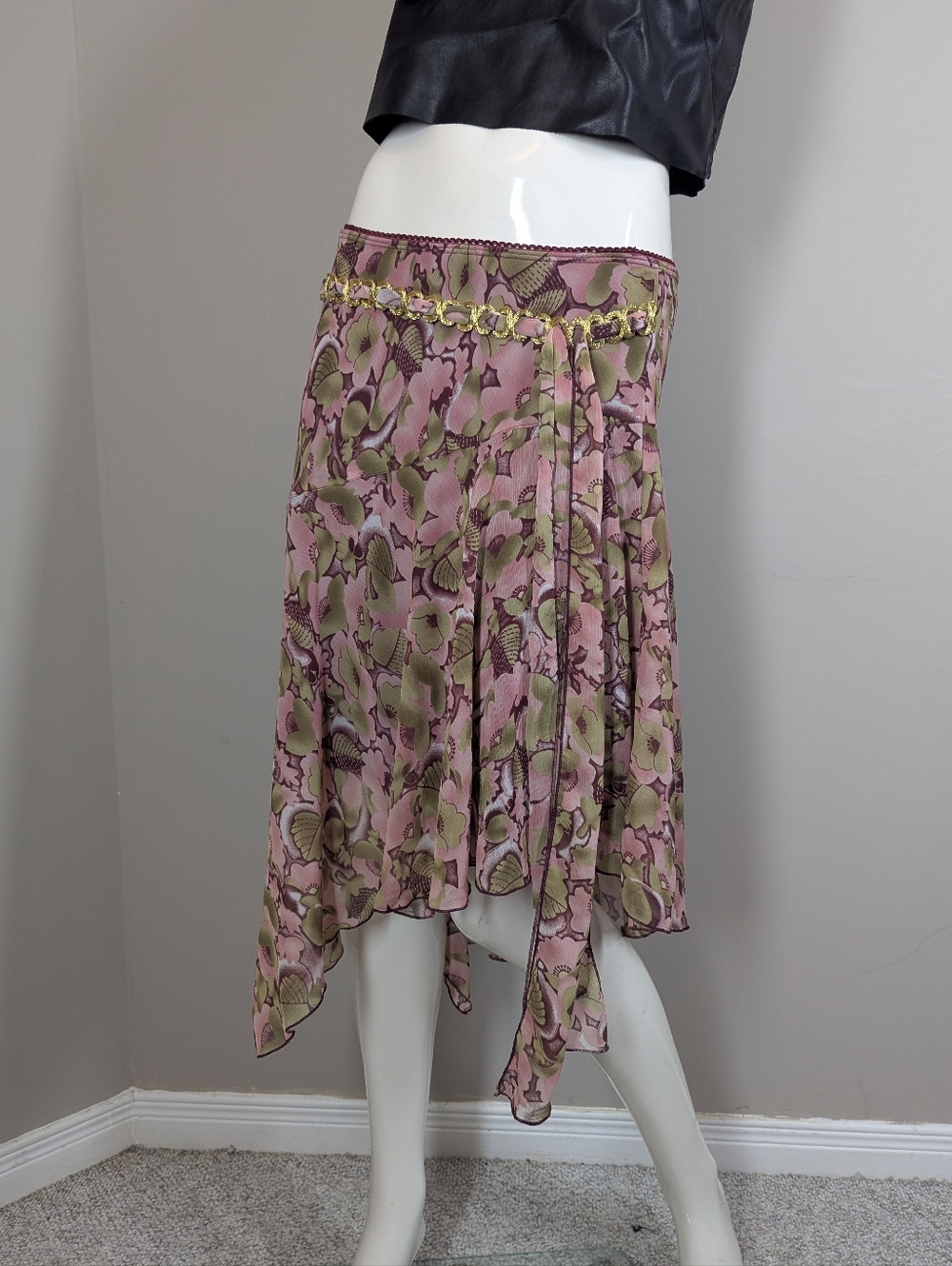 Y2K XOXO Asymmetrical Floral Skirt Chain Belt Pink Green Midi Skirt M